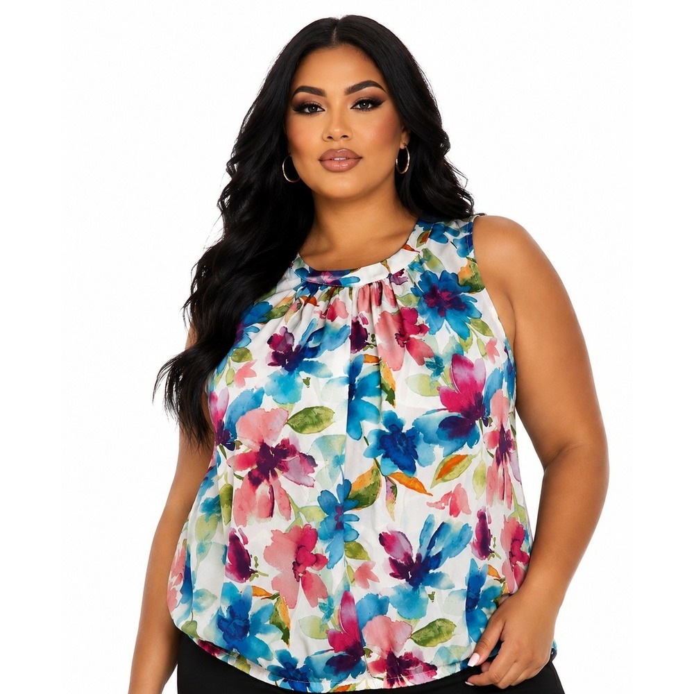 Les Serein Loria Pleat Neck Blouse Off-White Floral Sleeveless Top 1X NWT